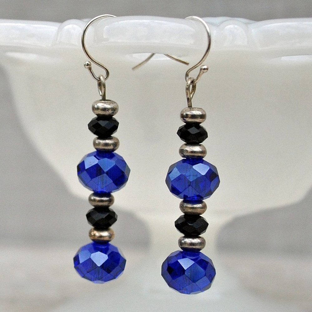 Blue & Black Cut Crystal Earrings with Silver Floral Accents